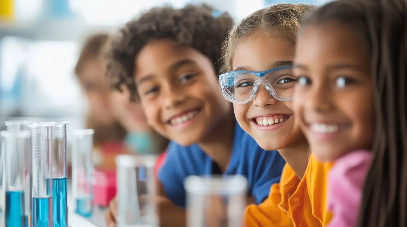 Feier zum Wissenschaftstag mit Kindern, die im Labor lernen